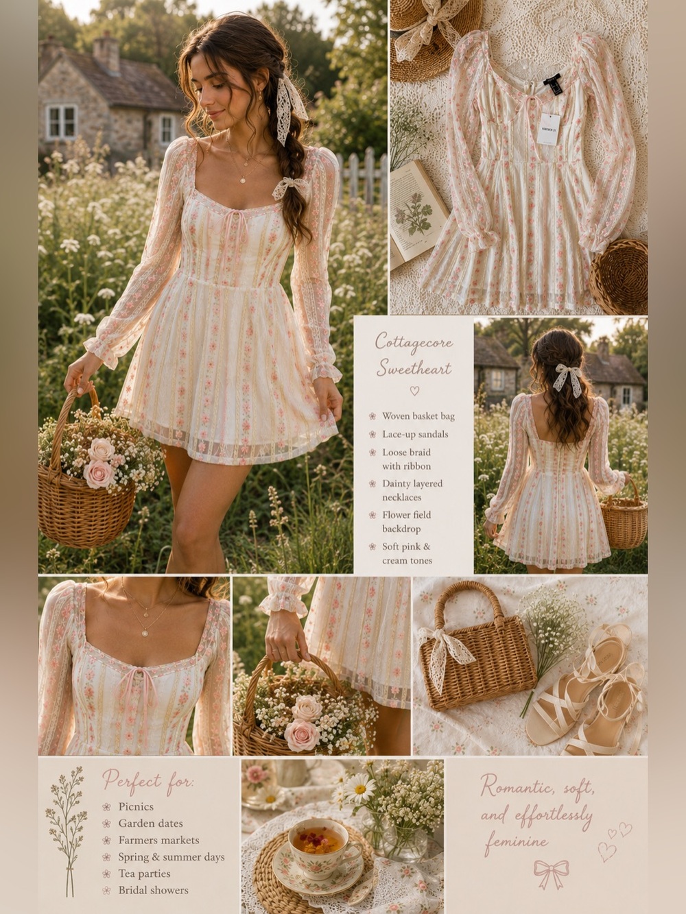 Forever 21 NWT XL Cream Embroidered Floral Mini Dress Coquette Cottagecore